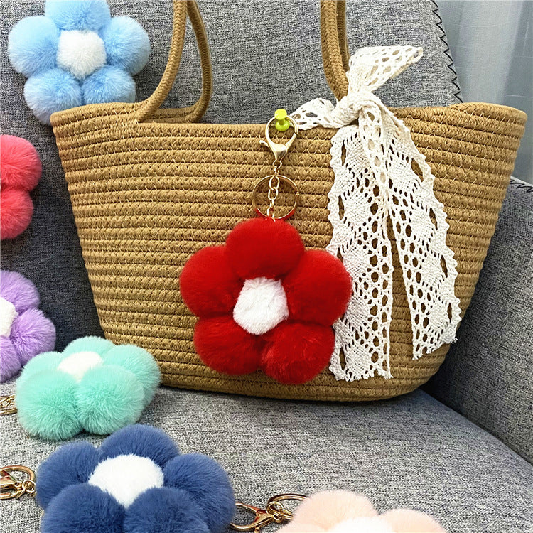 Plush Flower Pom Pom Bag Charm Keychain - Red