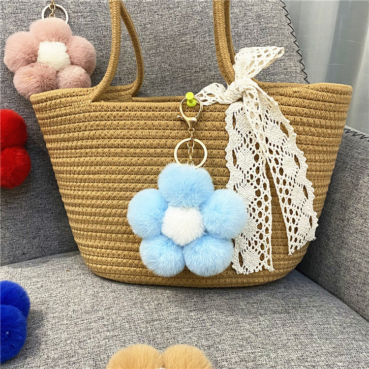 Plush Flower Pom Pom Bag Charm Keychain - Skyblue