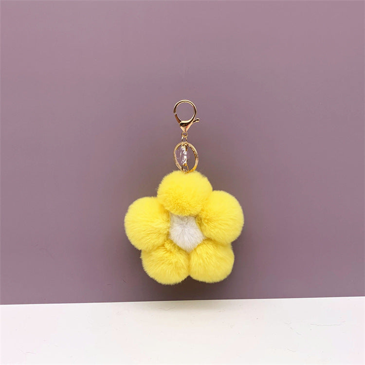 Plush Flower Pom Pom Bag Charm Keychain - Yellow