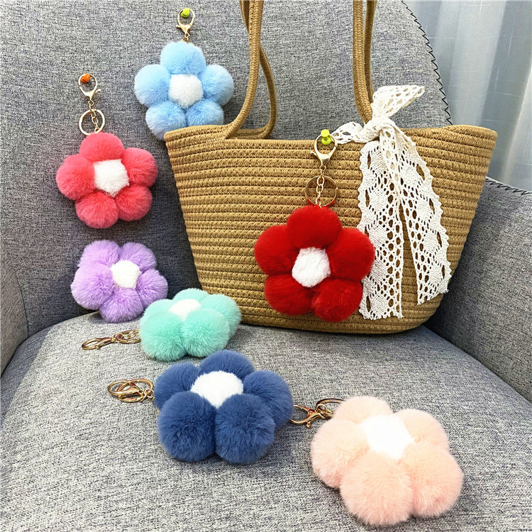 Plush Flower Pom Pom Bag Charm Keychain - view 1