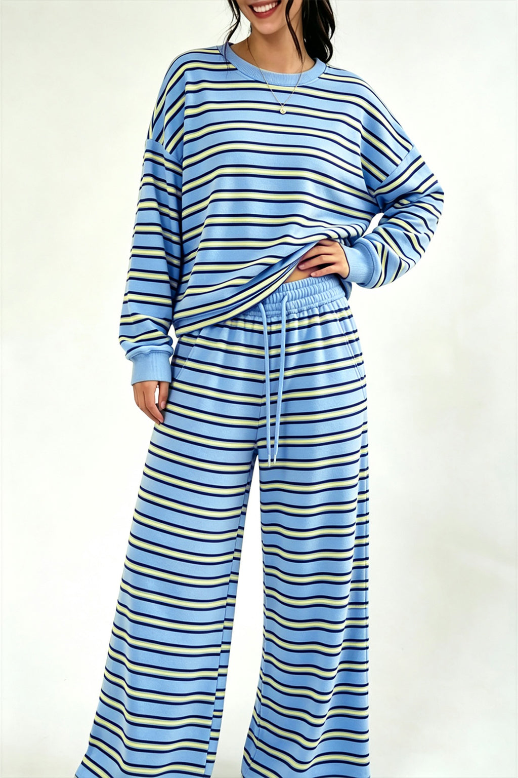 Striped Open Back Oversized Pullover Wide Leg Pant Set - Blue