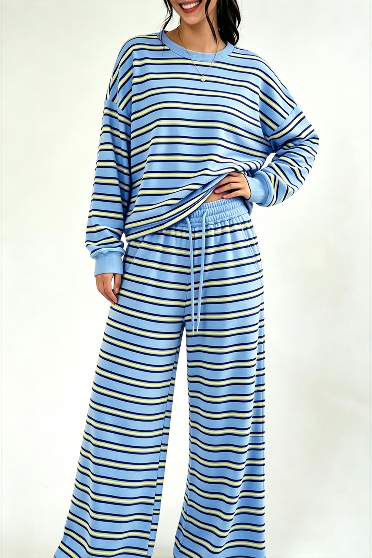 Striped Open Back Oversized Pullover Wide Leg Pant Set - Blue