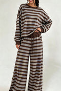 Striped Open Back Oversized Pullover Wide Leg Pant Set - Brown