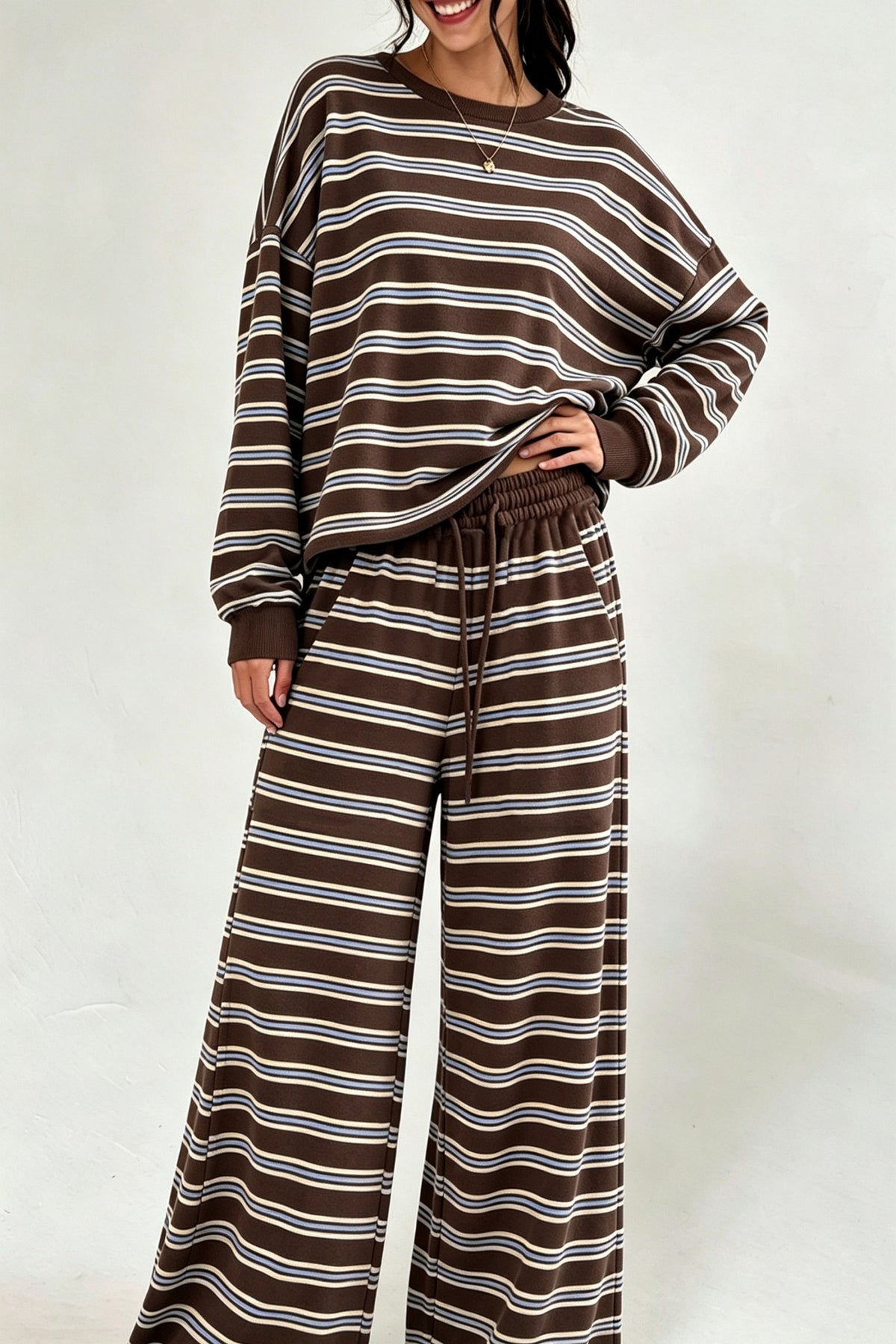 Striped Open Back Oversized Pullover Wide Leg Pant Set - Brown
