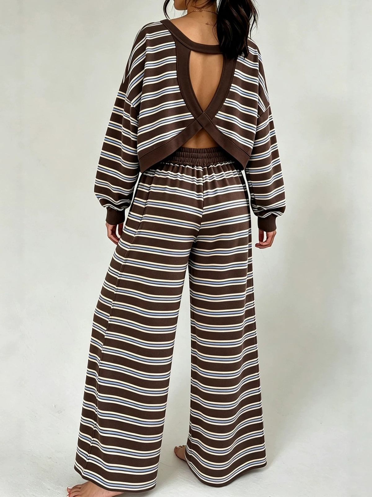 Striped Open Back Oversized Pullover Wide Leg Pant Set - Brown - 1