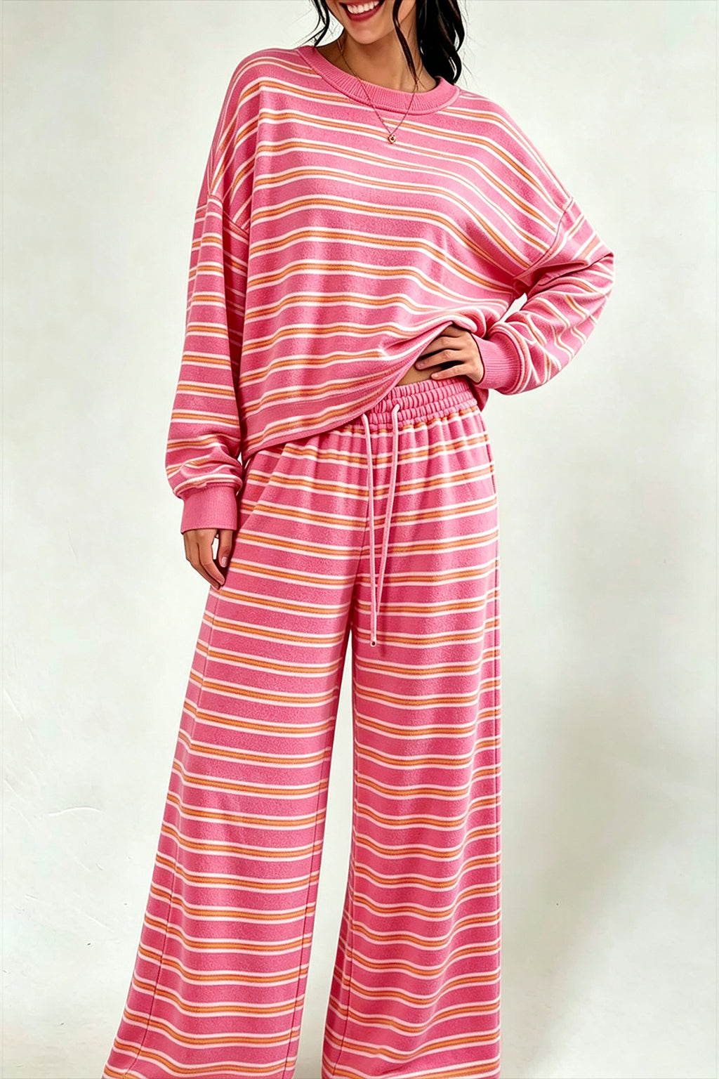Striped Open Back Oversized Pullover Wide Leg Pant Set - Pink