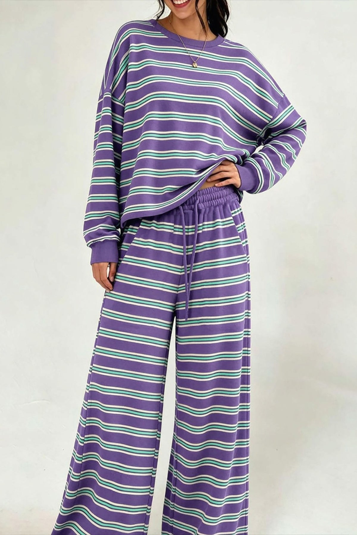 Striped Open Back Oversized Pullover Wide Leg Pant Set - Purple