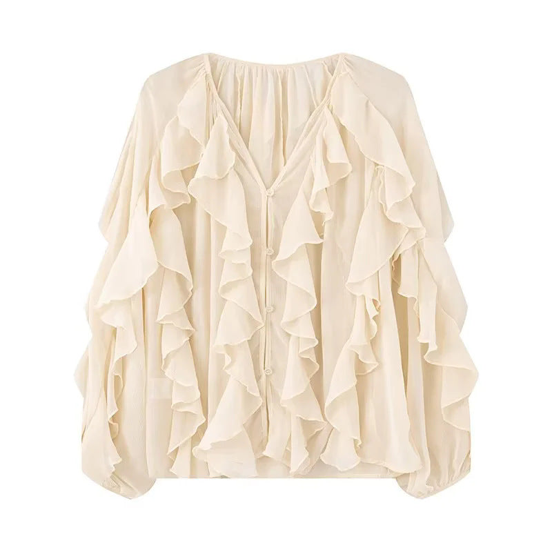 Sheer Cascading Ruffle Blouse With Puff Sleeves - Beige