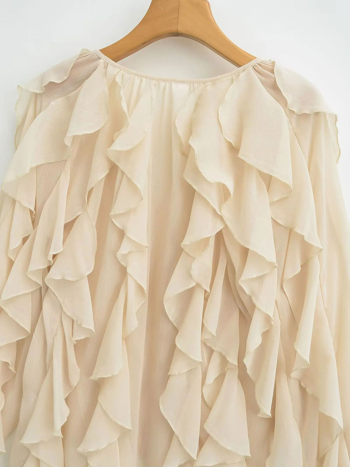 Sheer Cascading Ruffle Blouse With Puff Sleeves - Beige - 1