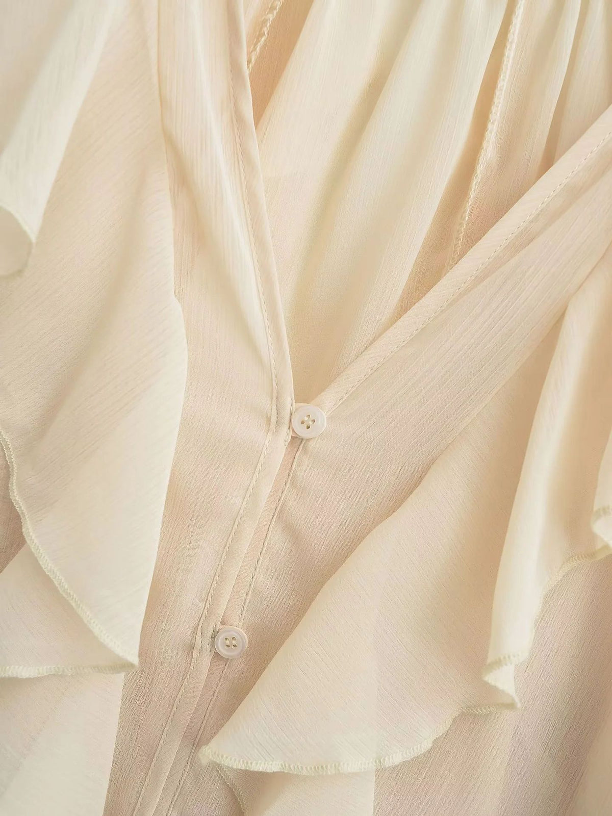 Sheer Cascading Ruffle Blouse With Puff Sleeves - Beige - 2