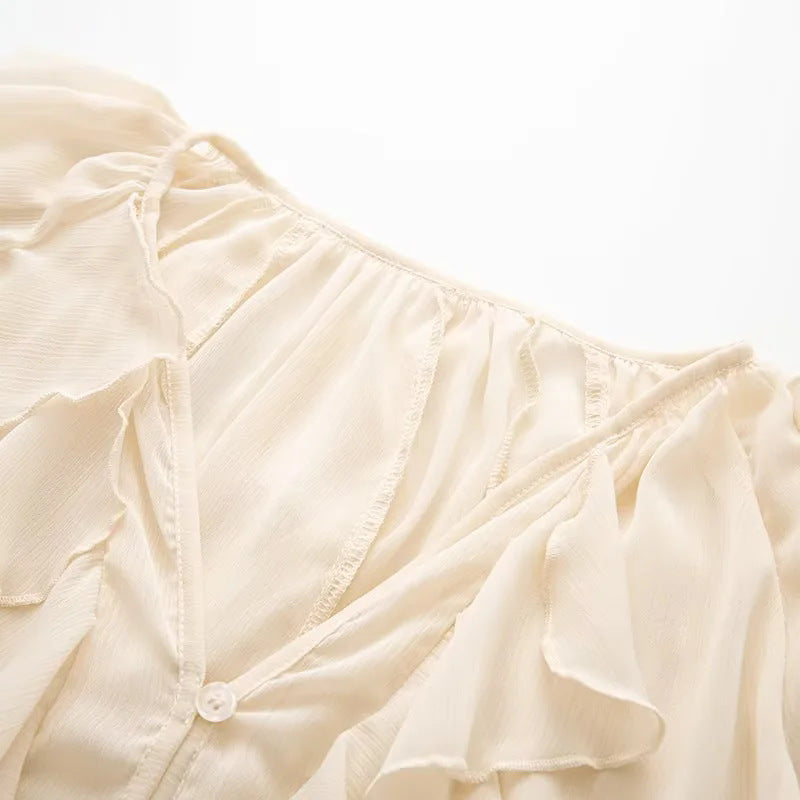 Sheer Cascading Ruffle Blouse With Puff Sleeves - Beige - 3