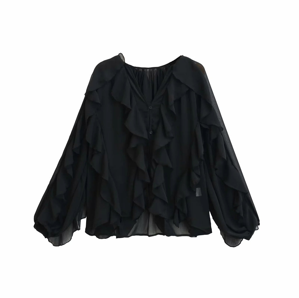 Sheer Cascading Ruffle Blouse With Puff Sleeves - Black