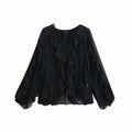 Sheer Cascading Ruffle Blouse With Puff Sleeves - Black