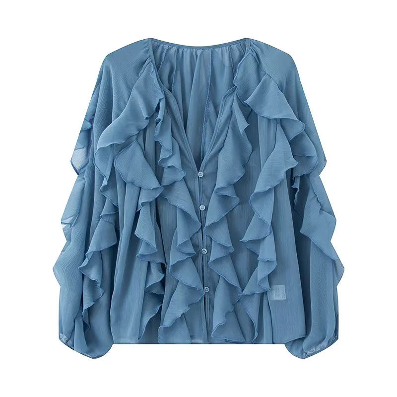 Sheer Cascading Ruffle Blouse With Puff Sleeves - Blue