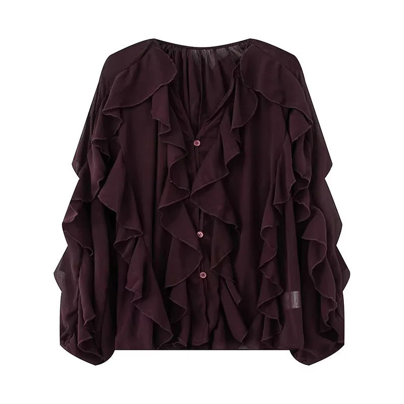 Sheer Cascading Ruffle Blouse With Puff Sleeves - Winered