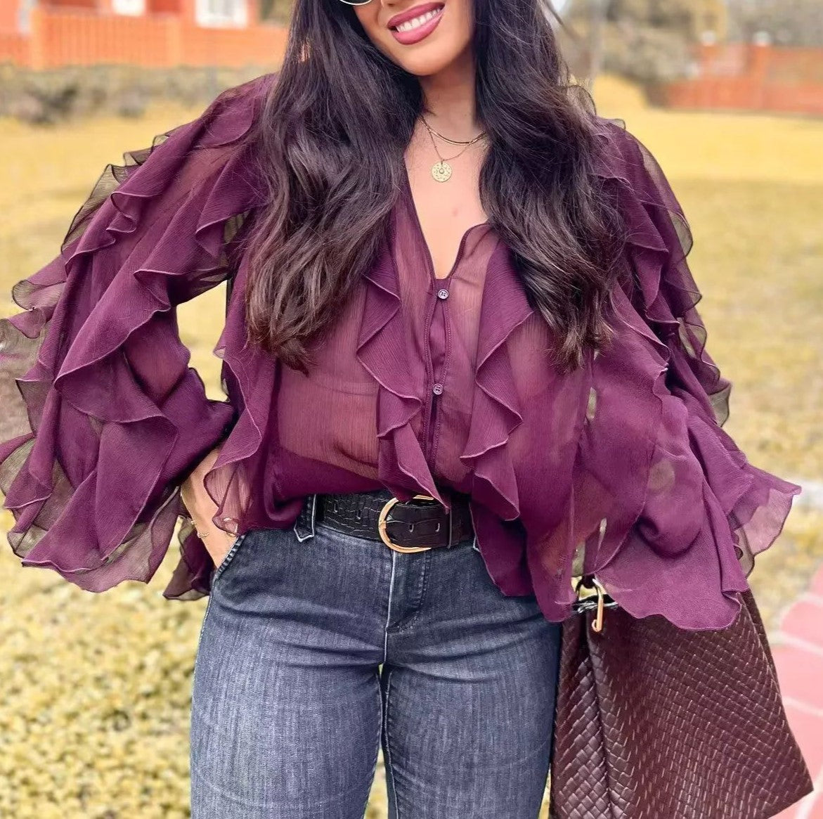 Sheer Cascading Ruffle Blouse With Puff Sleeves - view 1