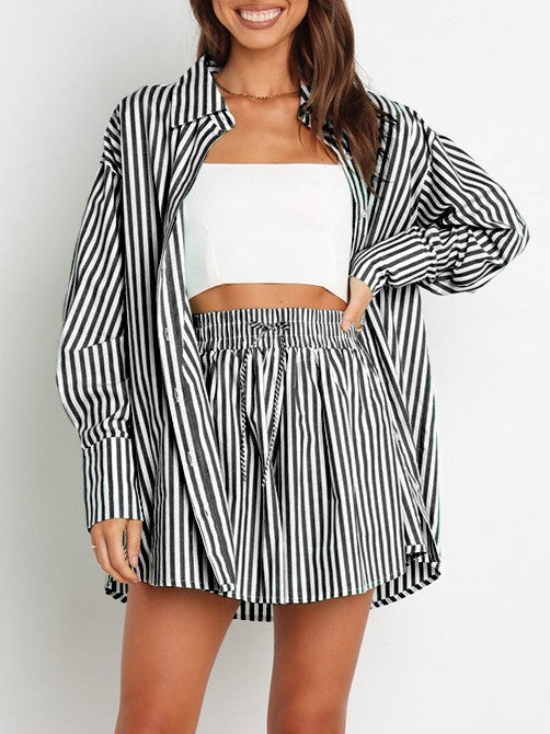 Striped Shirt And Drawstring Shorts Set - Black