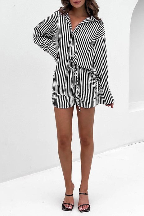 Striped Shirt And Drawstring Shorts Set - Black - 4