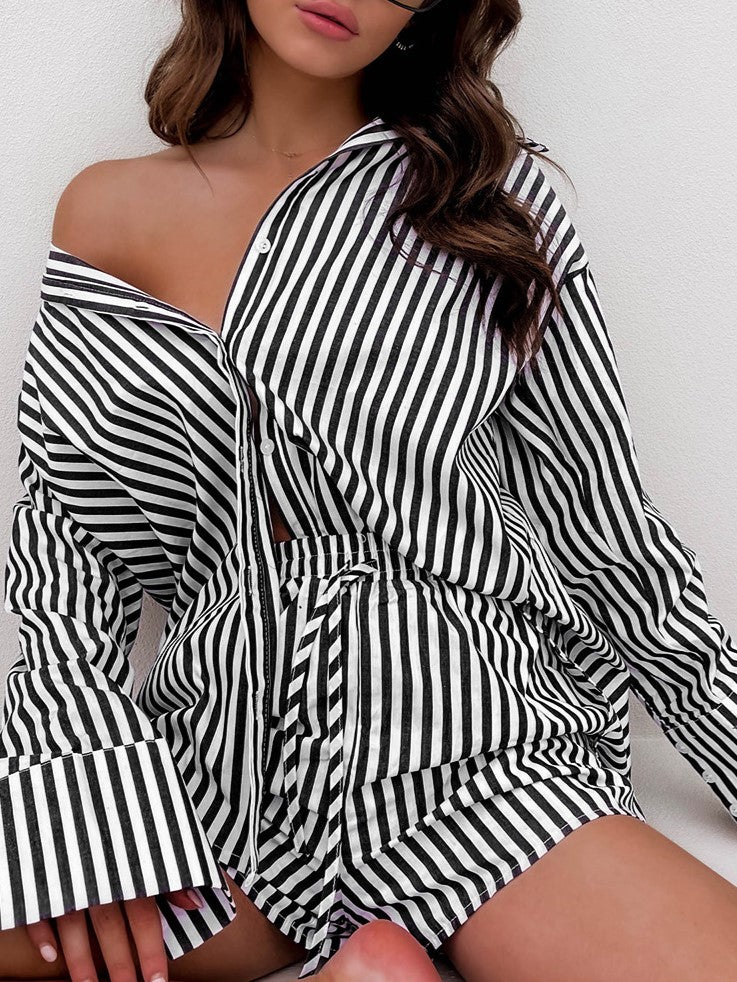 Striped Shirt And Drawstring Shorts Set - Black - 6