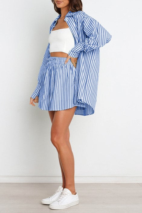 Striped Shirt And Drawstring Shorts Set - Blue - 3