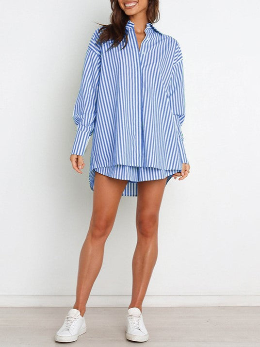 Striped Shirt And Drawstring Shorts Set - Blue - 4