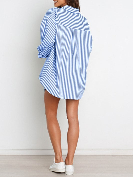 Striped Shirt And Drawstring Shorts Set - Blue - 5