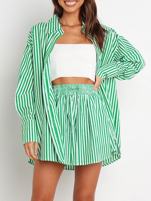 Striped Shirt And Drawstring Shorts Set - Green