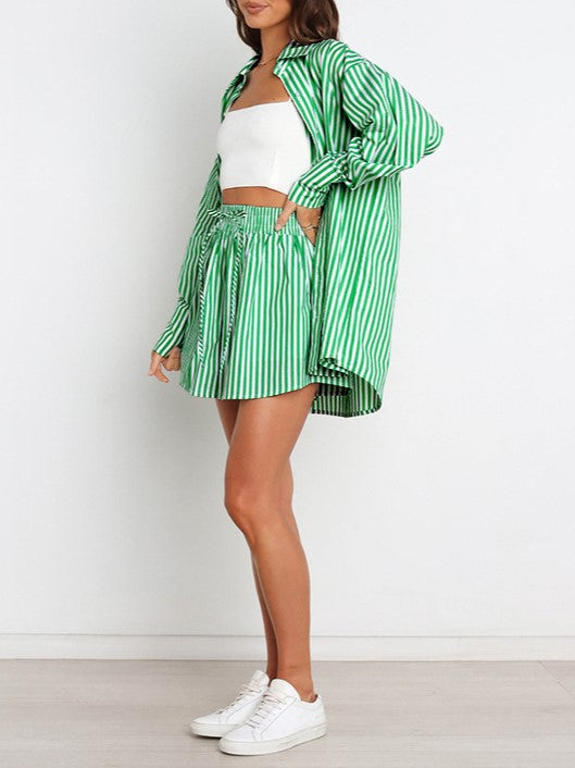 Striped Shirt And Drawstring Shorts Set - Green - 1
