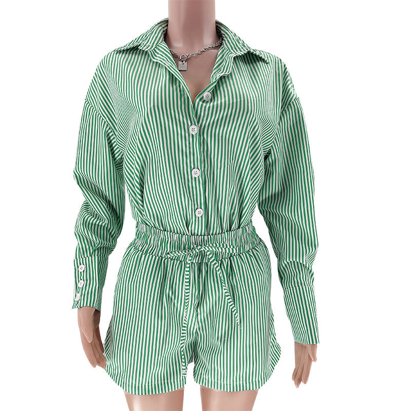 Striped Shirt And Drawstring Shorts Set - Green - 10