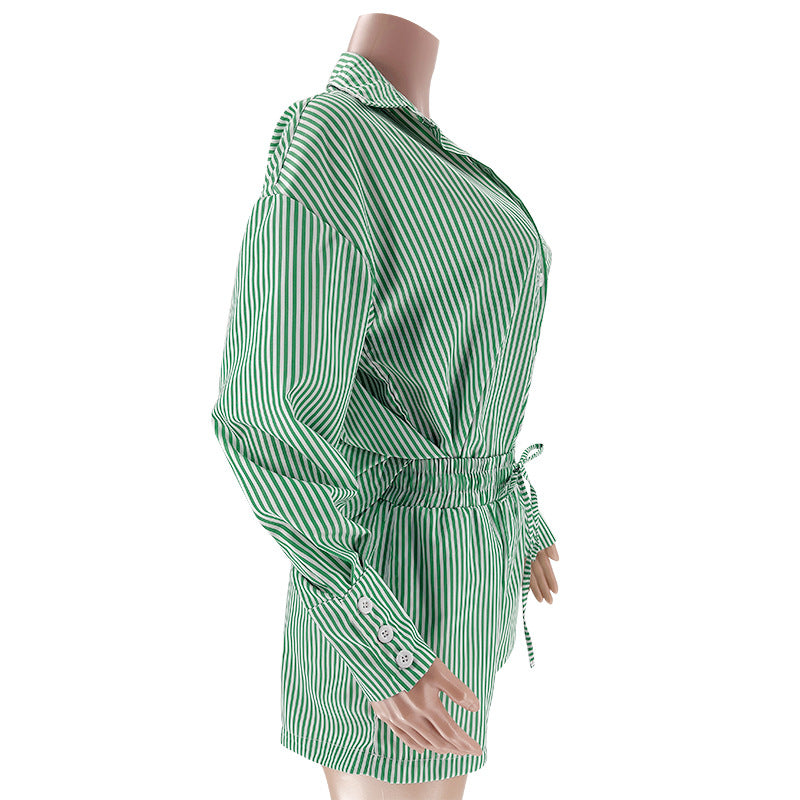 Striped Shirt And Drawstring Shorts Set - Green - 11