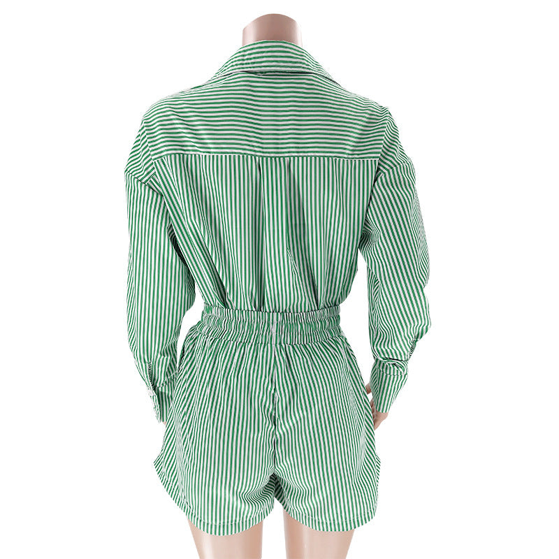 Striped Shirt And Drawstring Shorts Set - Green - 12
