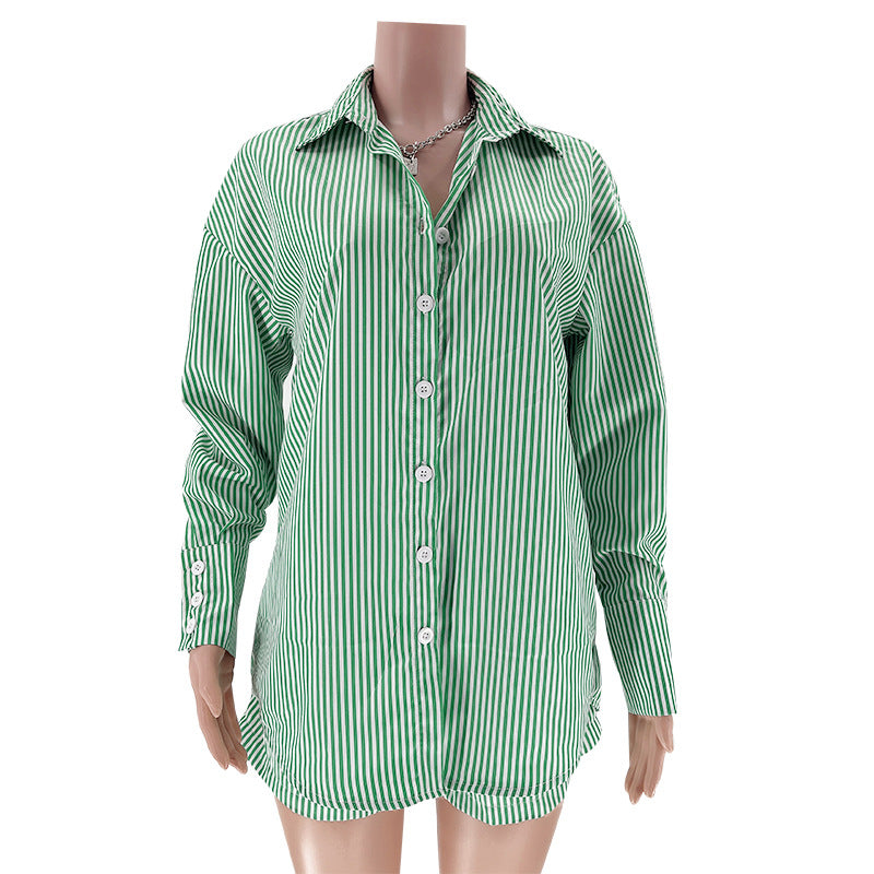 Striped Shirt And Drawstring Shorts Set - Green - 13