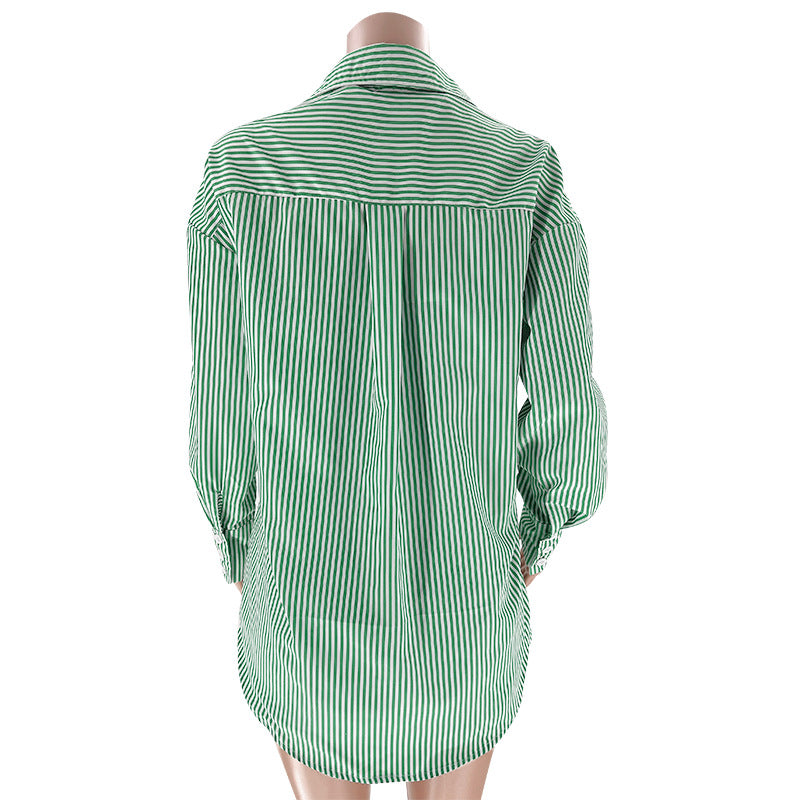 Striped Shirt And Drawstring Shorts Set - Green - 14
