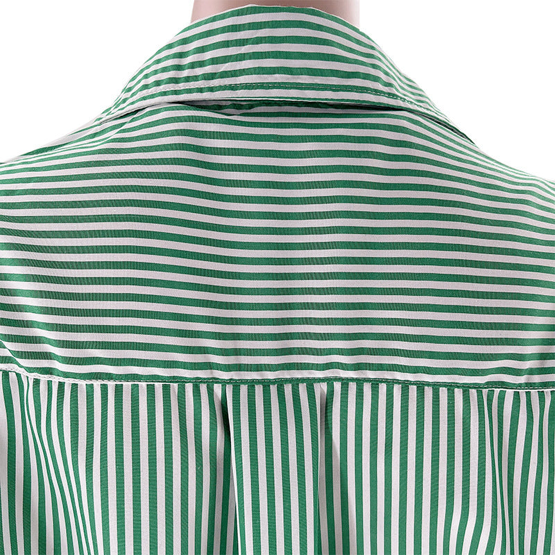 Striped Shirt And Drawstring Shorts Set - Green - 15