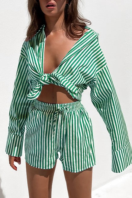 Striped Shirt And Drawstring Shorts Set - Green - 3