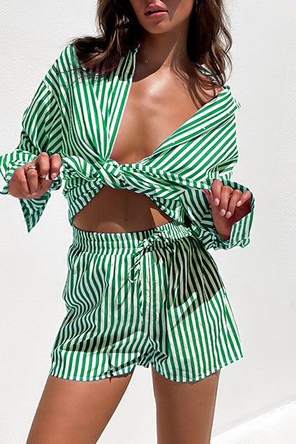 Striped Shirt And Drawstring Shorts Set - Green - 4