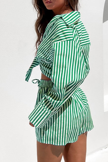 Striped Shirt And Drawstring Shorts Set - Green - 5