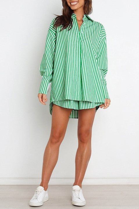 Striped Shirt And Drawstring Shorts Set - Green - 7