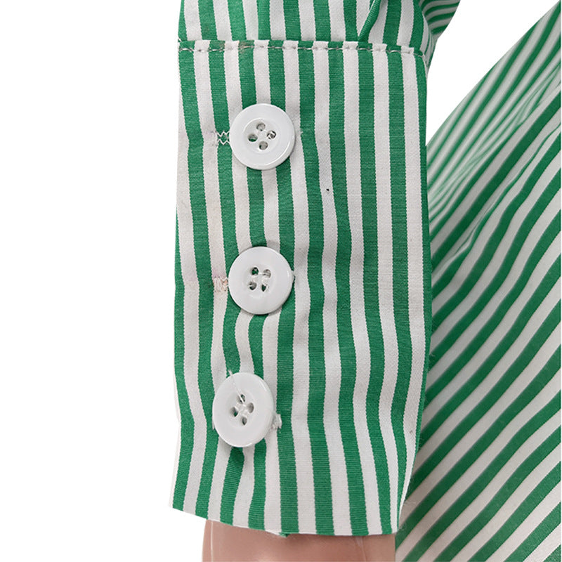 Striped Shirt And Drawstring Shorts Set - Green - 8