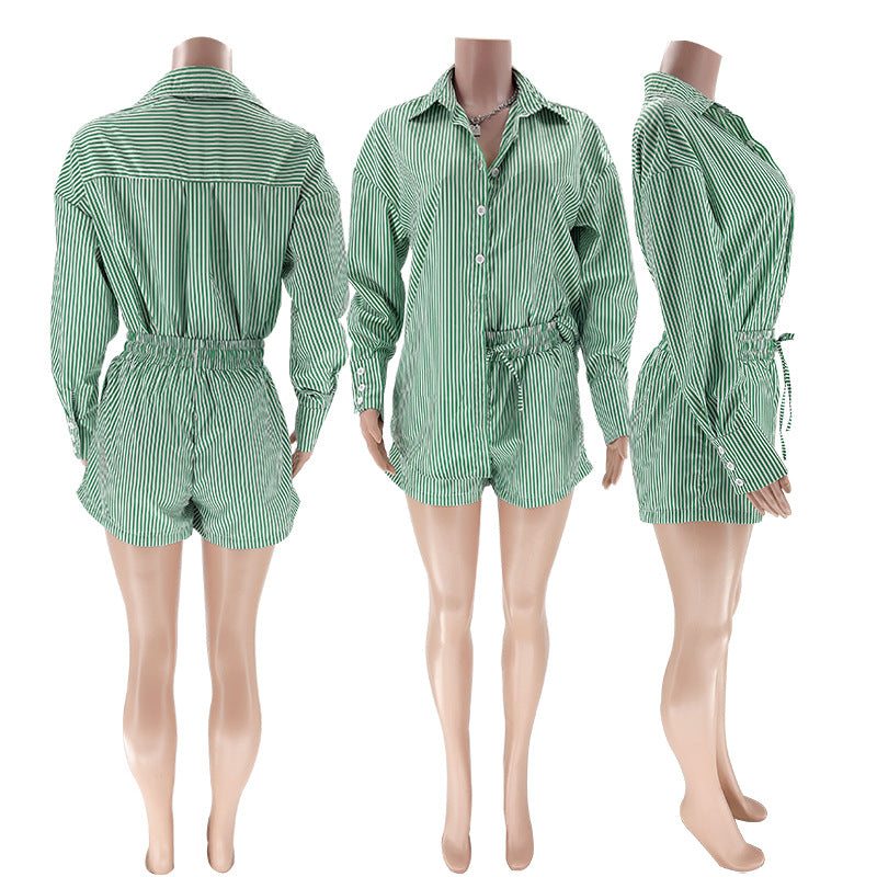 Striped Shirt And Drawstring Shorts Set - Green - 9