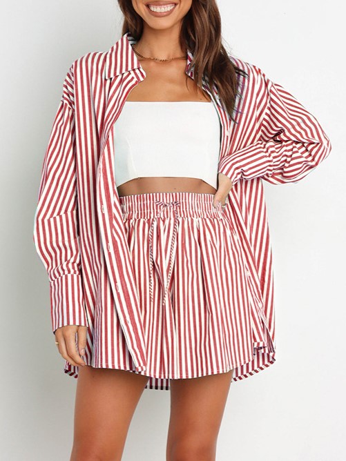 Striped Shirt And Drawstring Shorts Set - Red