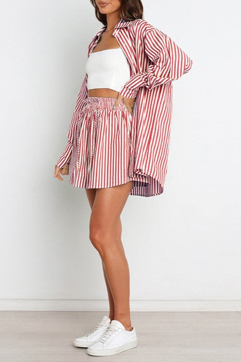 Striped Shirt And Drawstring Shorts Set - Red - 1