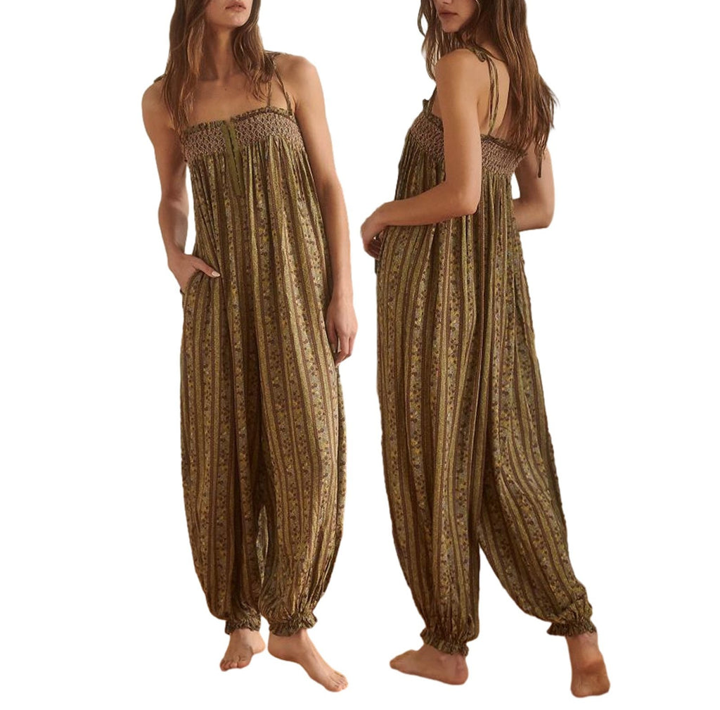 Smocked Bodice Harem Leg Jumpsuit - brown