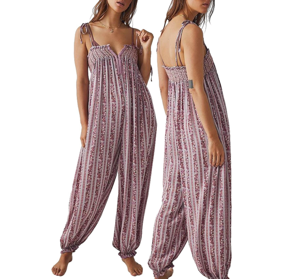 Smocked Bodice Harem Leg Jumpsuit - purple