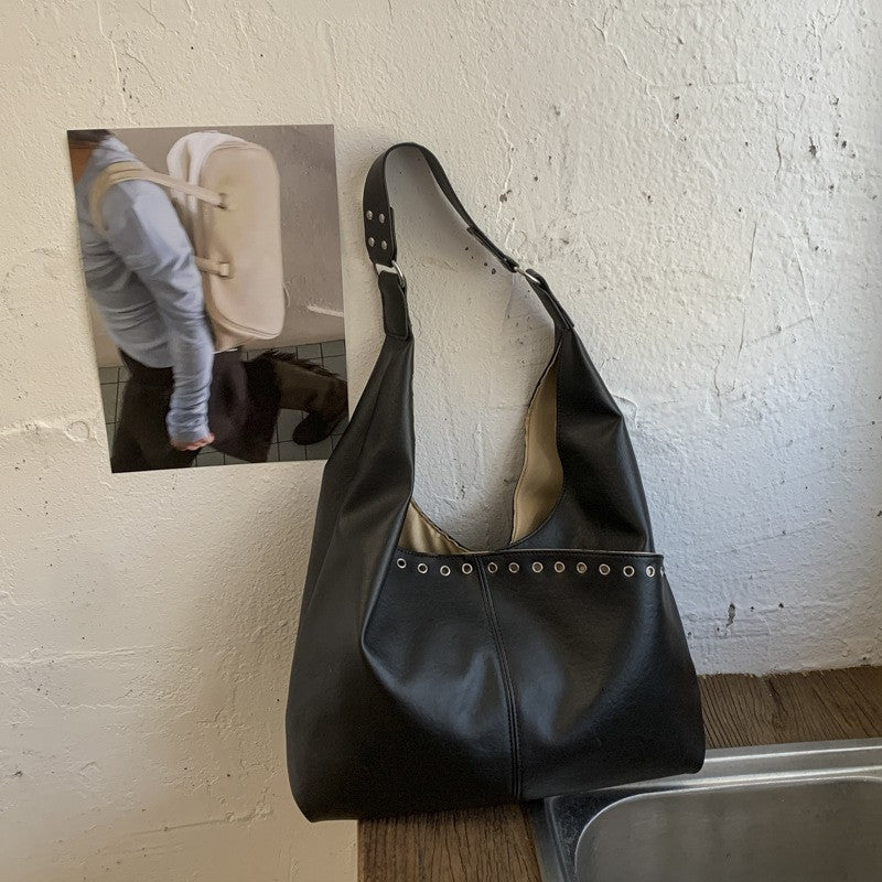 Grommet Slouchy Hobo Shoulder Bag - Black