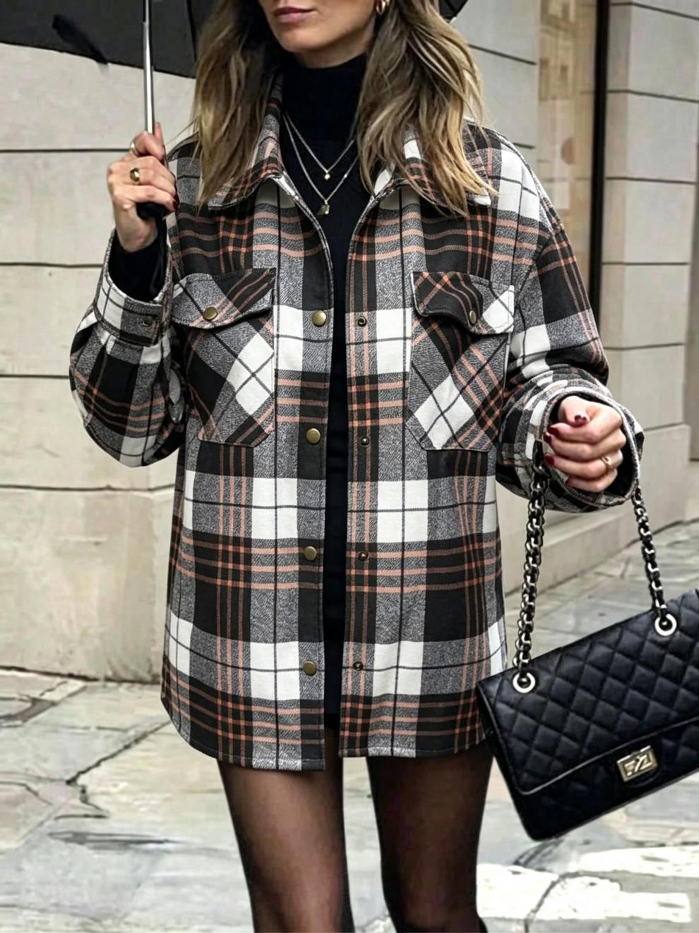 Plaid Flap Pocket Button Up Shacket Jacket - Brown