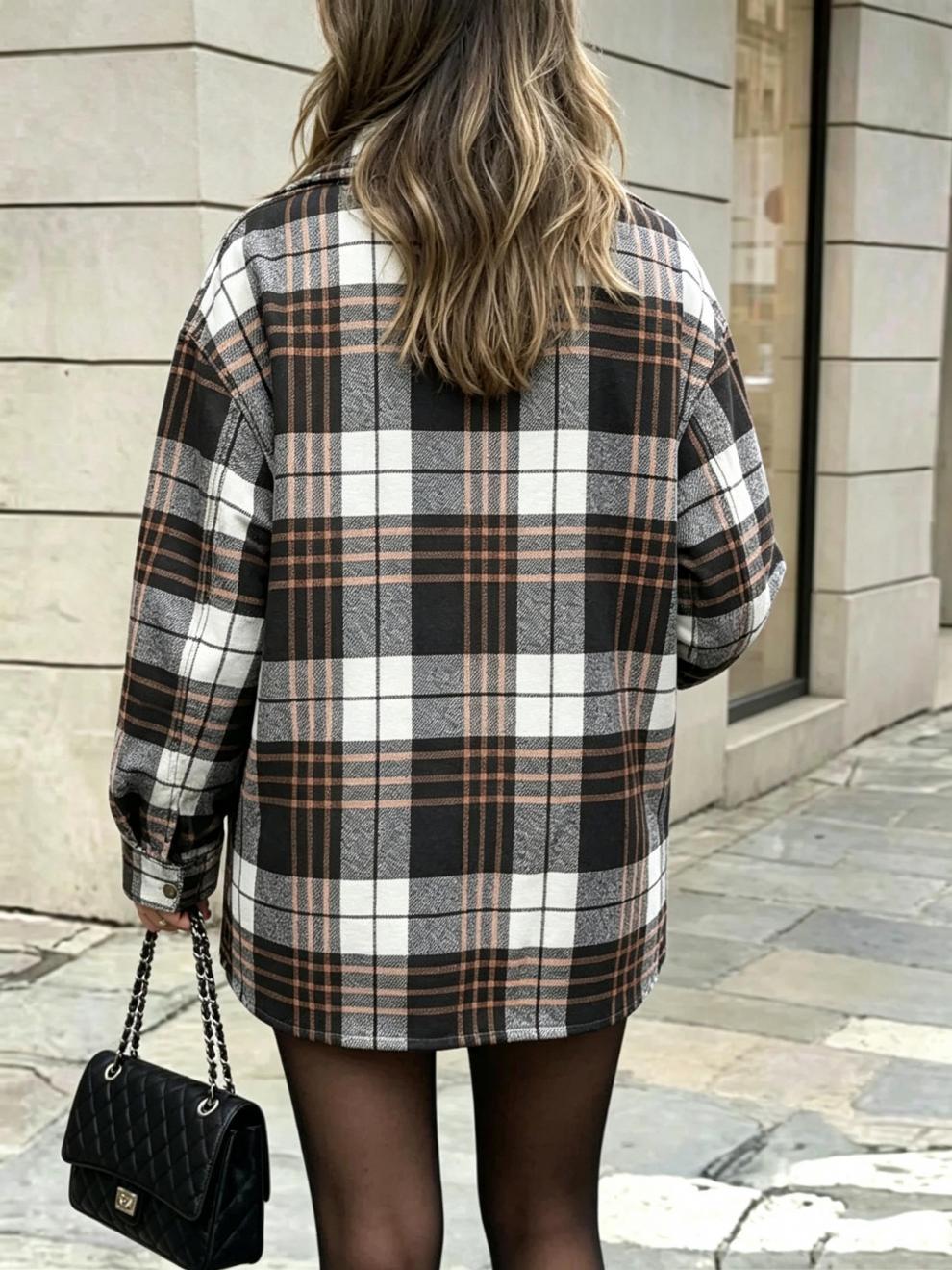 Plaid Flap Pocket Button Up Shacket Jacket - Brown - 1