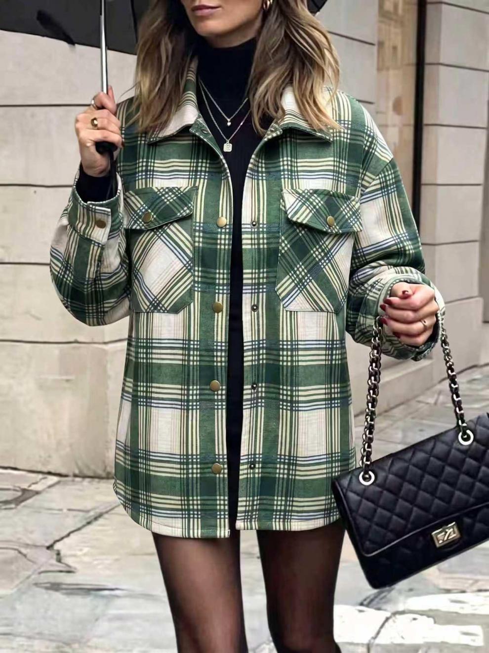 Plaid Flap Pocket Button Up Shacket Jacket - Green