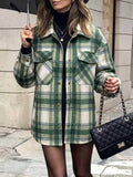 Plaid Flap Pocket Button Up Shacket Jacket - Green