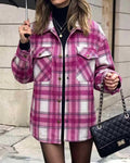 Plaid Flap Pocket Button Up Shacket Jacket - RoseRed